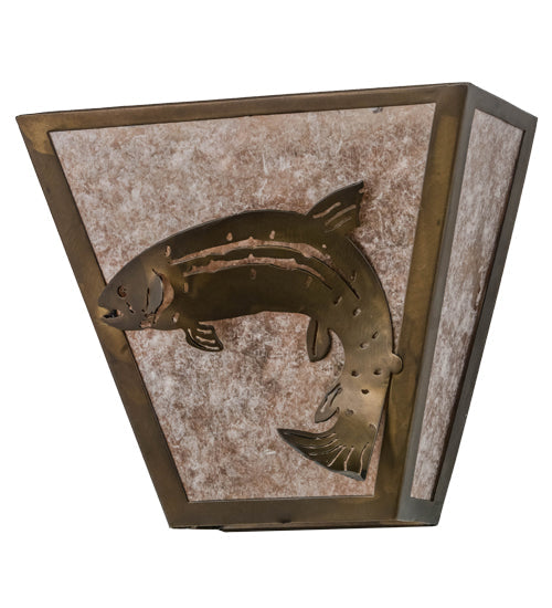 Meyda Lighting Leaping Trout 13" 2-Light Antique Copper Wall Sconce With Silver Mica Shade Glass