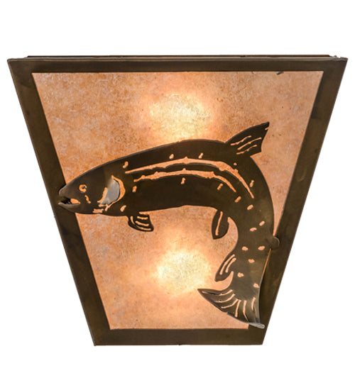 Meyda Lighting Leaping Trout 13" 2-Light Antique Copper Wall Sconce With Silver Mica Shade Glass