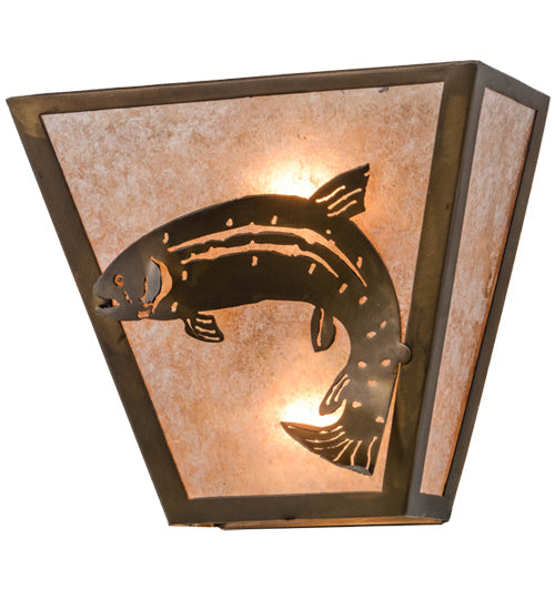 Meyda Lighting Leaping Trout 13" 2-Light Antique Copper Wall Sconce With Silver Mica Shade Glass