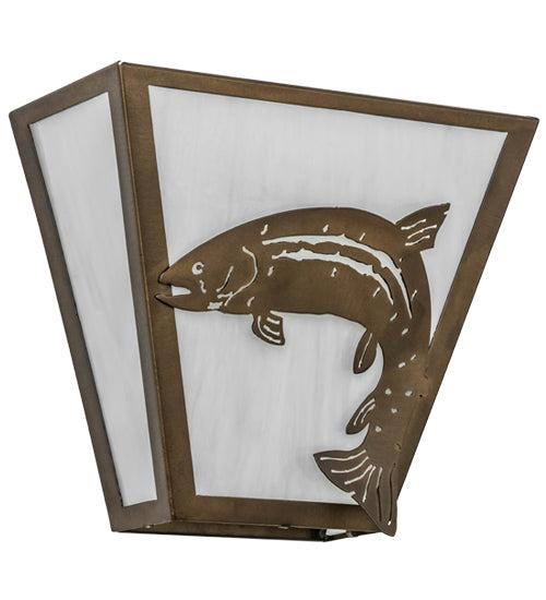 Meyda Lighting Leaping Trout 13" 2-Light Antique Copper Wall Sconce With White Art Shade Glass