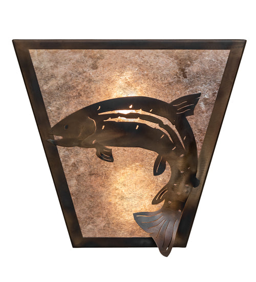 Meyda Lighting Leaping Trout 13" 2-Light Light Burnished Antique Copper Wall Sconce With Silver Mica Shade Glass