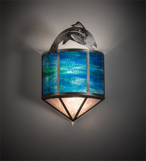 Meyda Lighting Leaping Trout 14" 2-Light Industrial Steel Wall Sconce With Blue Green Art & Silver Mica Shade Glass