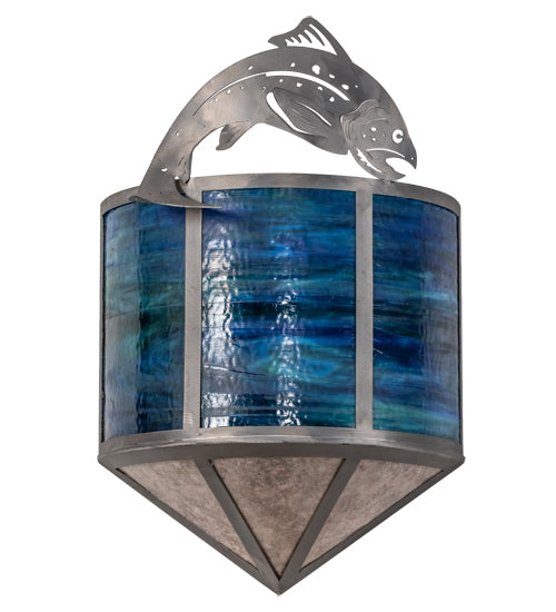 Meyda Lighting Leaping Trout 14" 2-Light Industrial Steel Wall Sconce With Blue Green Art & Silver Mica Shade Glass