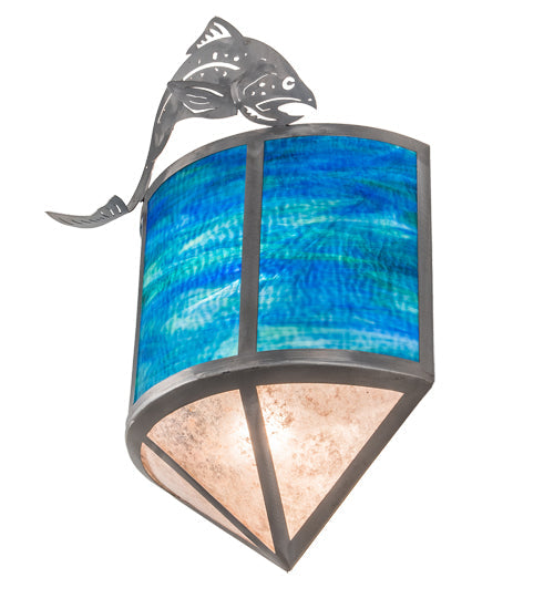 Meyda Lighting Leaping Trout 14" 2-Light Industrial Steel Wall Sconce With Blue Green Art & Silver Mica Shade Glass