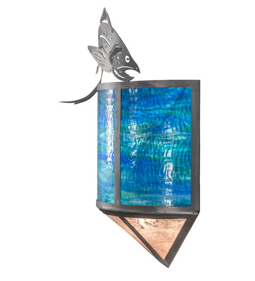 Meyda Lighting Leaping Trout 14" 2-Light Industrial Steel Wall Sconce With Blue Green Art & Silver Mica Shade Glass