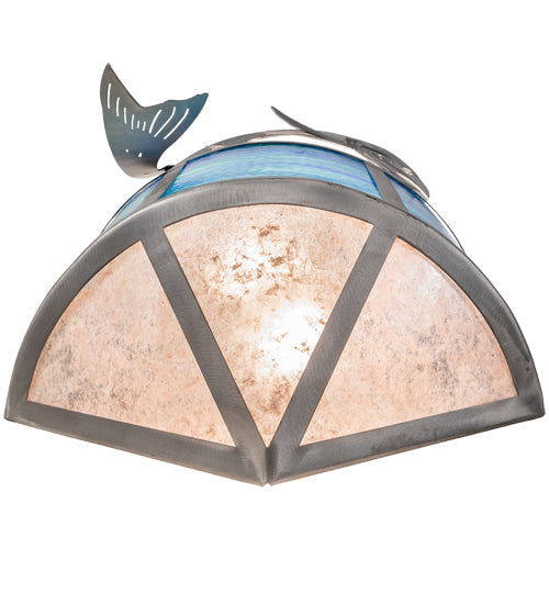 Meyda Lighting Leaping Trout 14" 2-Light Industrial Steel Wall Sconce With Blue Green Art & Silver Mica Shade Glass