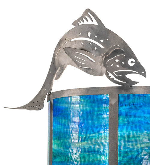 Meyda Lighting Leaping Trout 14" 2-Light Industrial Steel Wall Sconce With Blue Green Art & Silver Mica Shade Glass