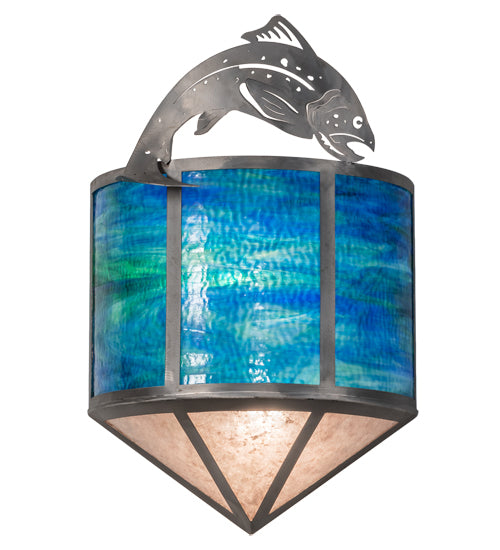 Meyda Lighting Leaping Trout 14" 2-Light Industrial Steel Wall Sconce With Blue Green Art & Silver Mica Shade Glass