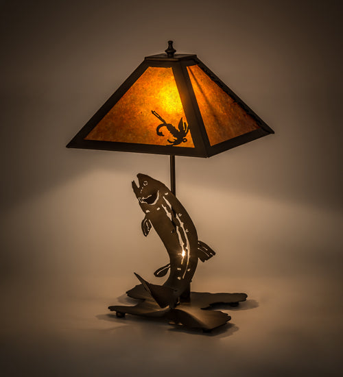 Meyda Lighting Leaping Trout 21" 2-Light Antique Copper Table Lamp With Amber Mica Shade Glass