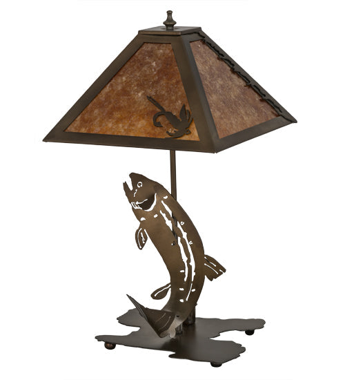Meyda Lighting Leaping Trout 21" 2-Light Antique Copper Table Lamp With Amber Mica Shade Glass