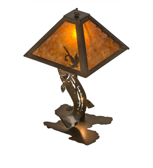 Meyda Lighting Leaping Trout 21" 2-Light Antique Copper Table Lamp With Amber Mica Shade Glass