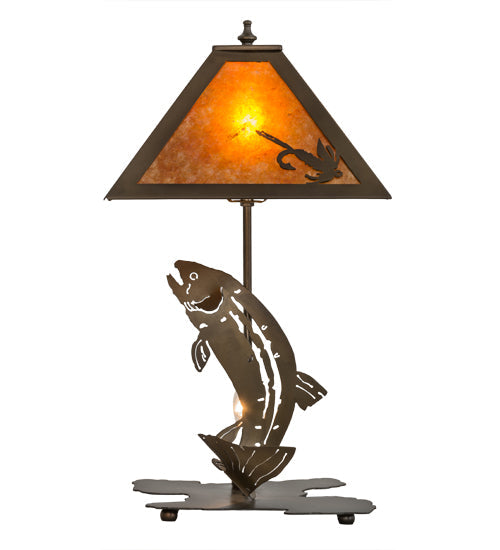 Meyda Lighting Leaping Trout 21" 2-Light Antique Copper Table Lamp With Amber Mica Shade Glass