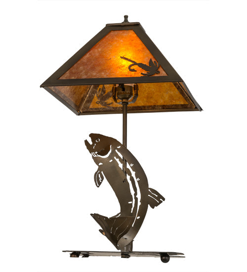 Meyda Lighting Leaping Trout 21" 2-Light Antique Copper Table Lamp With Amber Mica Shade Glass