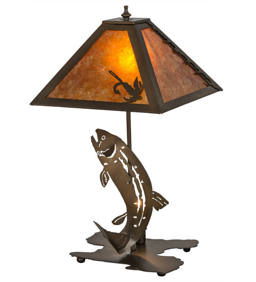 Meyda Lighting Leaping Trout 21" 2-Light Antique Copper Table Lamp With Amber Mica Shade Glass