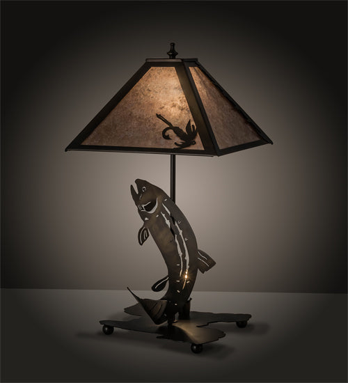 Meyda Lighting Leaping Trout 21" 2-Light Antique Copper Table Lamp With Silver Mica Shade Glass