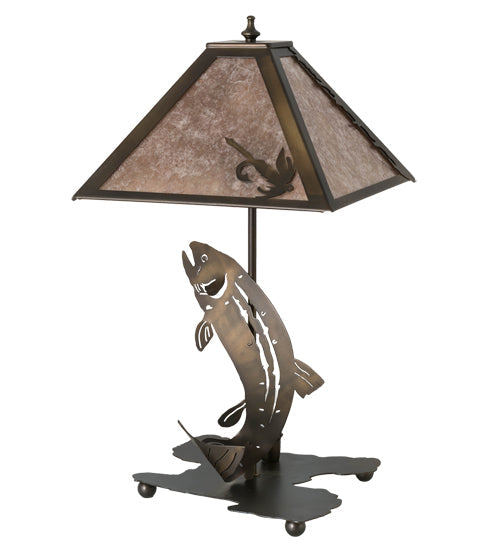 Meyda Lighting Leaping Trout 21" 2-Light Antique Copper Table Lamp With Silver Mica Shade Glass