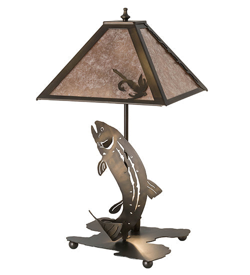 Meyda Lighting Leaping Trout 21" 2-Light Antique Copper Table Lamp With Silver Mica Shade Glass