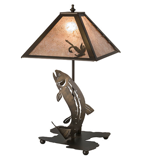 Meyda Lighting Leaping Trout 21" 2-Light Antique Copper Table Lamp With Silver Mica Shade Glass