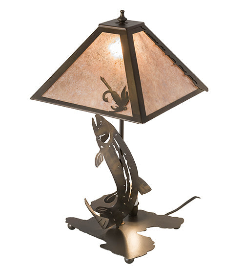 Meyda Lighting Leaping Trout 21" 2-Light Antique Copper Table Lamp With Silver Mica Shade Glass