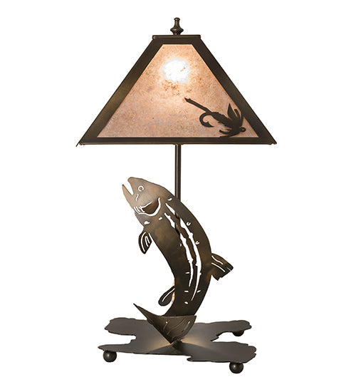 Meyda Lighting Leaping Trout 21" 2-Light Antique Copper Table Lamp With Silver Mica Shade Glass