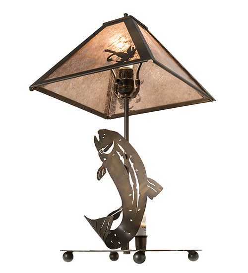 Meyda Lighting Leaping Trout 21" 2-Light Antique Copper Table Lamp With Silver Mica Shade Glass