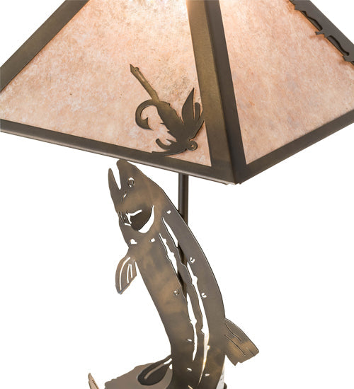 Meyda Lighting Leaping Trout 21" 2-Light Antique Copper Table Lamp With Silver Mica Shade Glass