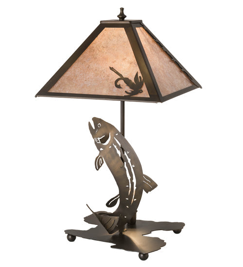 Meyda Lighting Leaping Trout 21" 2-Light Antique Copper Table Lamp With Silver Mica Shade Glass