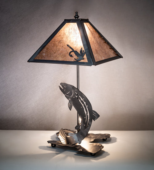Meyda Lighting Leaping Trout 21" 2-Light Industrial Steel Table Lamp With Silver Mica Shade Glass