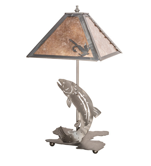 Meyda Lighting Leaping Trout 21" 2-Light Industrial Steel Table Lamp With Silver Mica Shade Glass