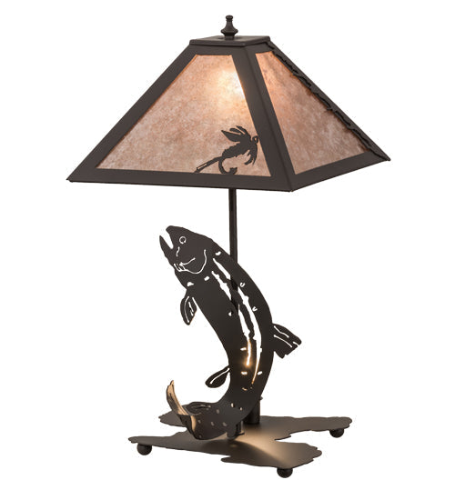 Meyda Lighting Leaping Trout 22" 2-Light Oil Rubbed Bronze Table Lamp With Silver Mica Shade Glass
