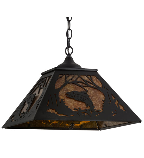 Meyda Lighting Leaping Trout 22" 2-Light Textured Black Pendant Light With Amber Mica Shade Glass