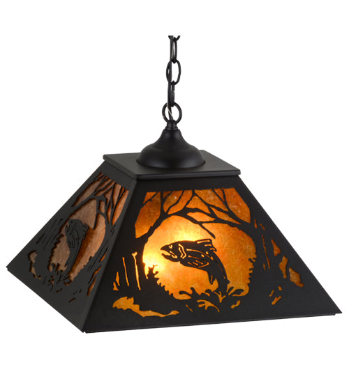 Meyda Lighting Leaping Trout 22" 2-Light Textured Black Pendant Light With Amber Mica Shade Glass