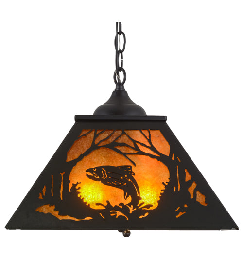 Meyda Lighting Leaping Trout 22" 2-Light Textured Black Pendant Light With Amber Mica Shade Glass