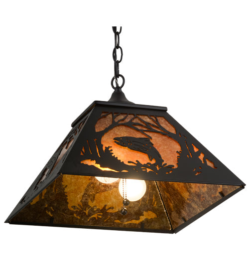 Meyda Lighting Leaping Trout 22" 2-Light Textured Black Pendant Light With Amber Mica Shade Glass