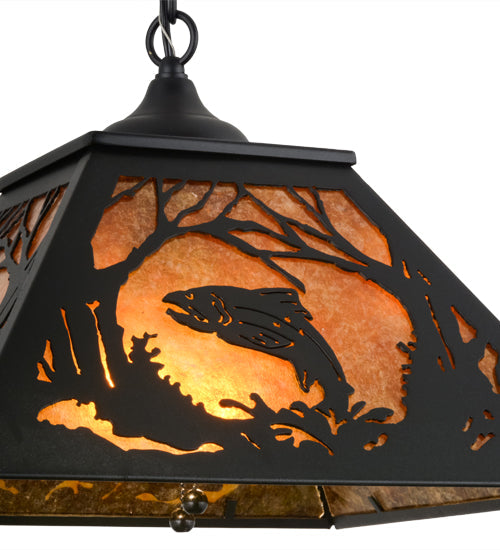 Meyda Lighting Leaping Trout 22" 2-Light Textured Black Pendant Light With Amber Mica Shade Glass
