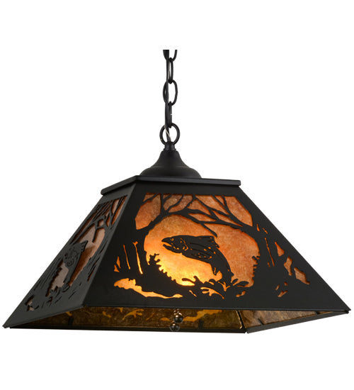 Meyda Lighting Leaping Trout 22" 2-Light Textured Black Pendant Light With Amber Mica Shade Glass