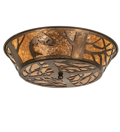 Meyda Lighting Leaping Trout 22" 4-Light Antique Copper Flush Mount Light With Amber Mica Shade Glass