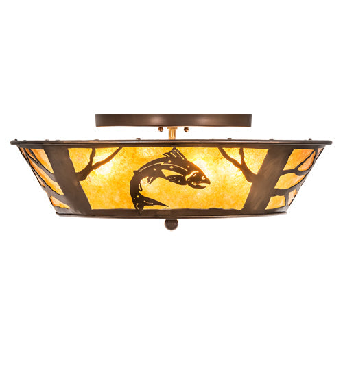 Meyda Lighting Leaping Trout 22" 4-Light Antique Copper Flush Mount Light With Amber Mica Shade Glass