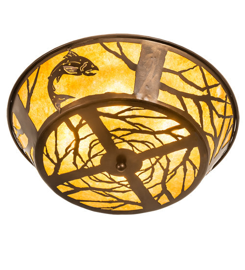 Meyda Lighting Leaping Trout 22" 4-Light Antique Copper Flush Mount Light With Amber Mica Shade Glass