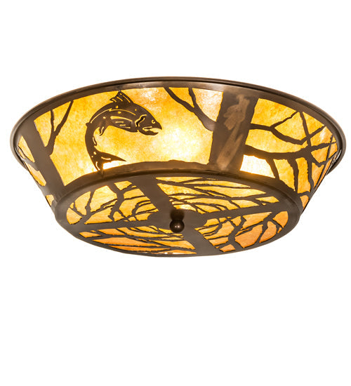 Meyda Lighting Leaping Trout 22" 4-Light Antique Copper Flush Mount Light With Amber Mica Shade Glass