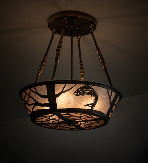 Meyda Lighting Leaping Trout 22" 4-Light Light Burnished Antique Copper Semi-flush Mount Light With Silver Mica Shade Glass