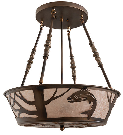 Meyda Lighting Leaping Trout 22" 4-Light Light Burnished Antique Copper Semi-flush Mount Light With Silver Mica Shade Glass