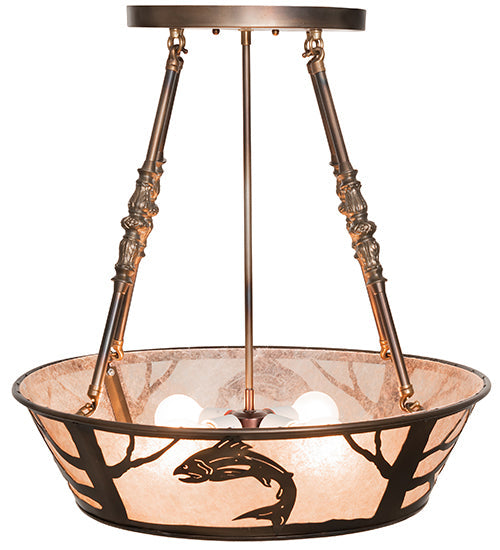 Meyda Lighting Leaping Trout 22" 4-Light Light Burnished Antique Copper Semi-flush Mount Light With Silver Mica Shade Glass