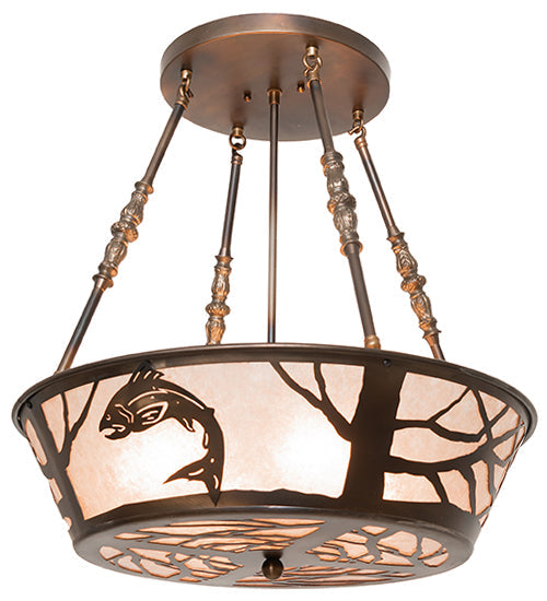 Meyda Lighting Leaping Trout 22" 4-Light Light Burnished Antique Copper Semi-flush Mount Light With Silver Mica Shade Glass