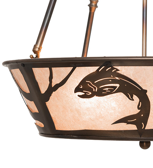 Meyda Lighting Leaping Trout 22" 4-Light Light Burnished Antique Copper Semi-flush Mount Light With Silver Mica Shade Glass