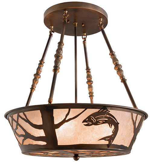 Meyda Lighting Leaping Trout 22" 4-Light Light Burnished Antique Copper Semi-flush Mount Light With Silver Mica Shade Glass