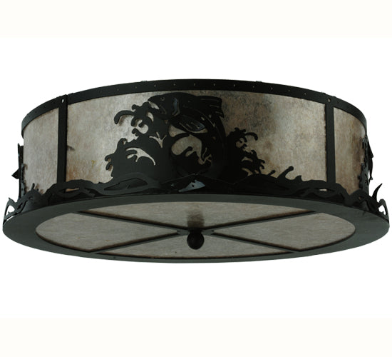 Meyda Lighting Leaping Trout 22" 4-Light Textured Black Flush Mount Light With Silver Mica Shade Glass