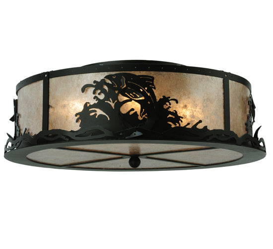 Meyda Lighting Leaping Trout 22" 4-Light Textured Black Flush Mount Light With Silver Mica Shade Glass