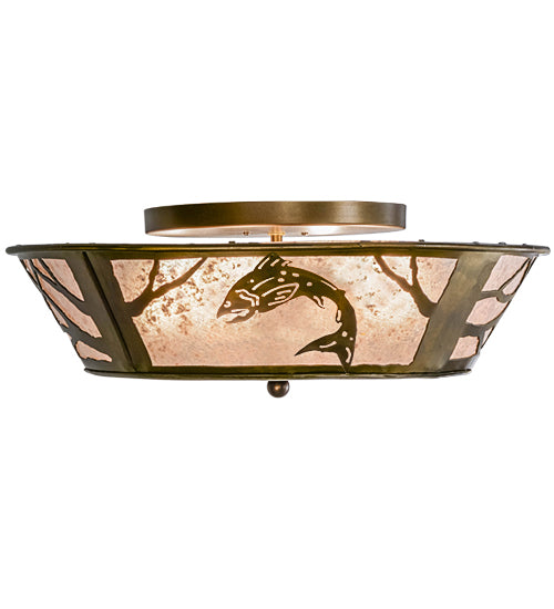 Meyda Lighting Leaping Trout 22" Antique Copper Flushmount With Silver Mica Shade Glass