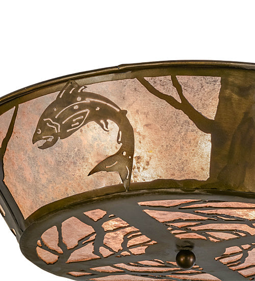 Meyda Lighting Leaping Trout 22" Antique Copper Flushmount With Silver Mica Shade Glass